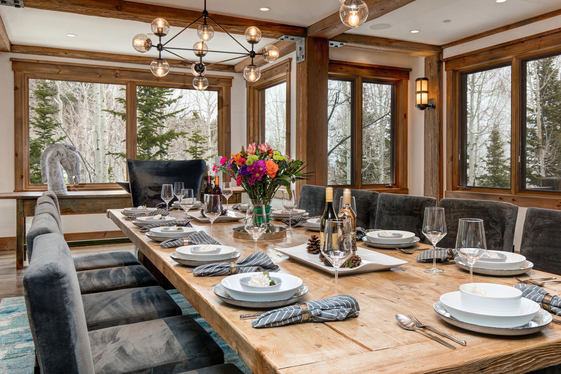 Dining Room with gas fireplace, stunning views, and seating for 12