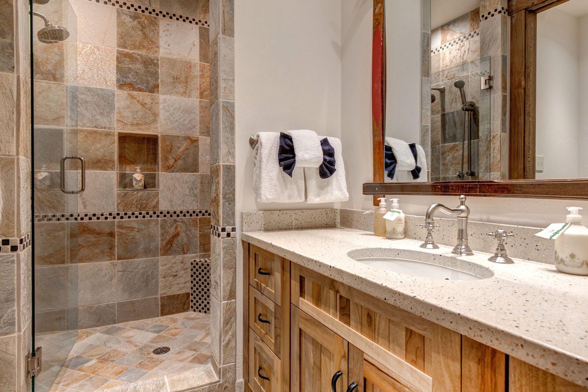 Master Bathroom with soaking tub, glass and tile shower, double vanities and private balcony