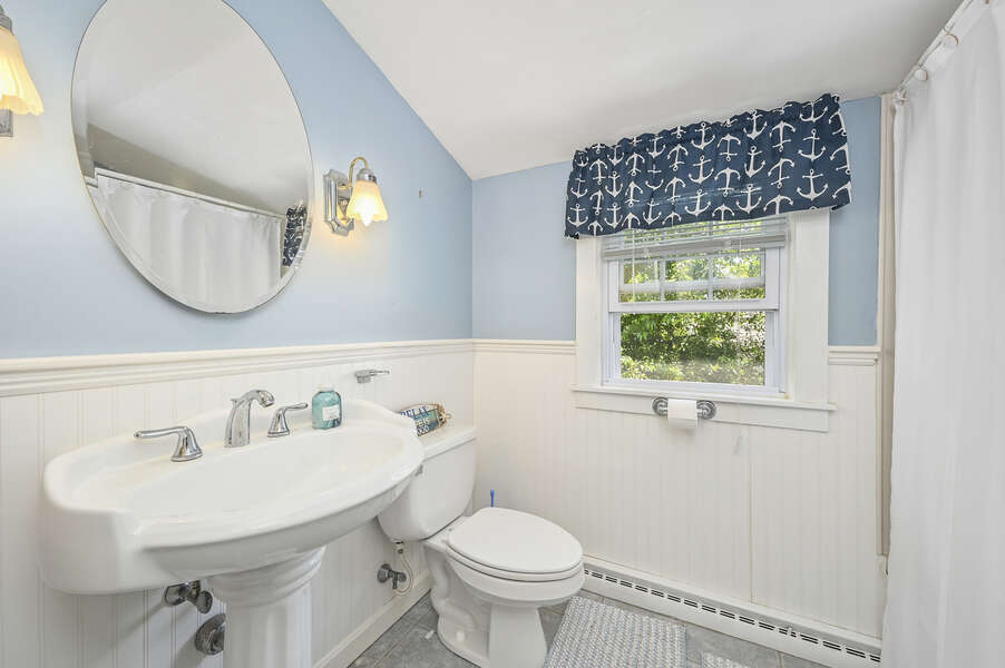 Bathroom # 2 full shower tub combo, pedestal sink and closet-21 Pine Street- Harwichport- Cape Cod- New England Vacation Rentals