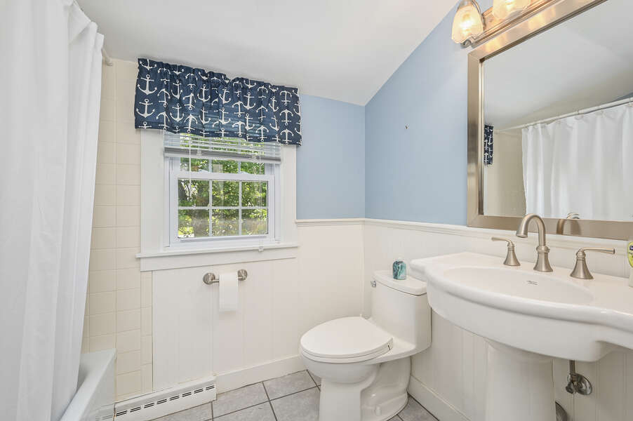 Bathroom # 3 full shower tub combo, pedestal sink and closet-21 Pine Street- Harwichport- Cape Cod- New England Vacation Rentals