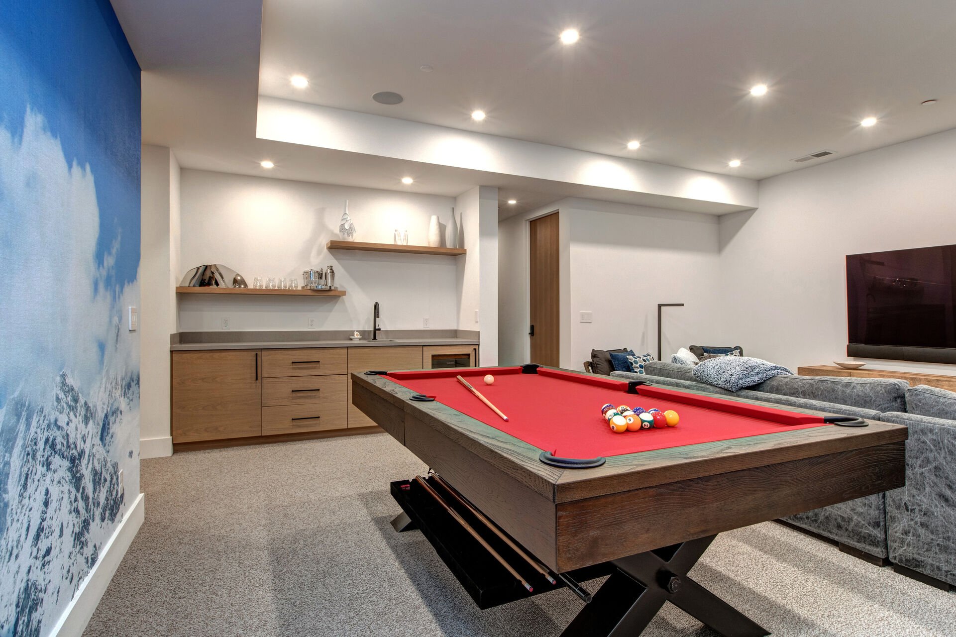 Game/Family Room with a Pool Table, Wet Bar with Mini Fridge and Board Games