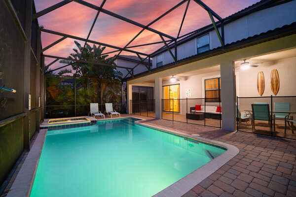 Pool at sunset (with baby safety fence in place)