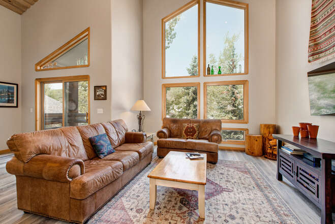 Living Room with floor to ceiling windows, gas fireplace, 58
