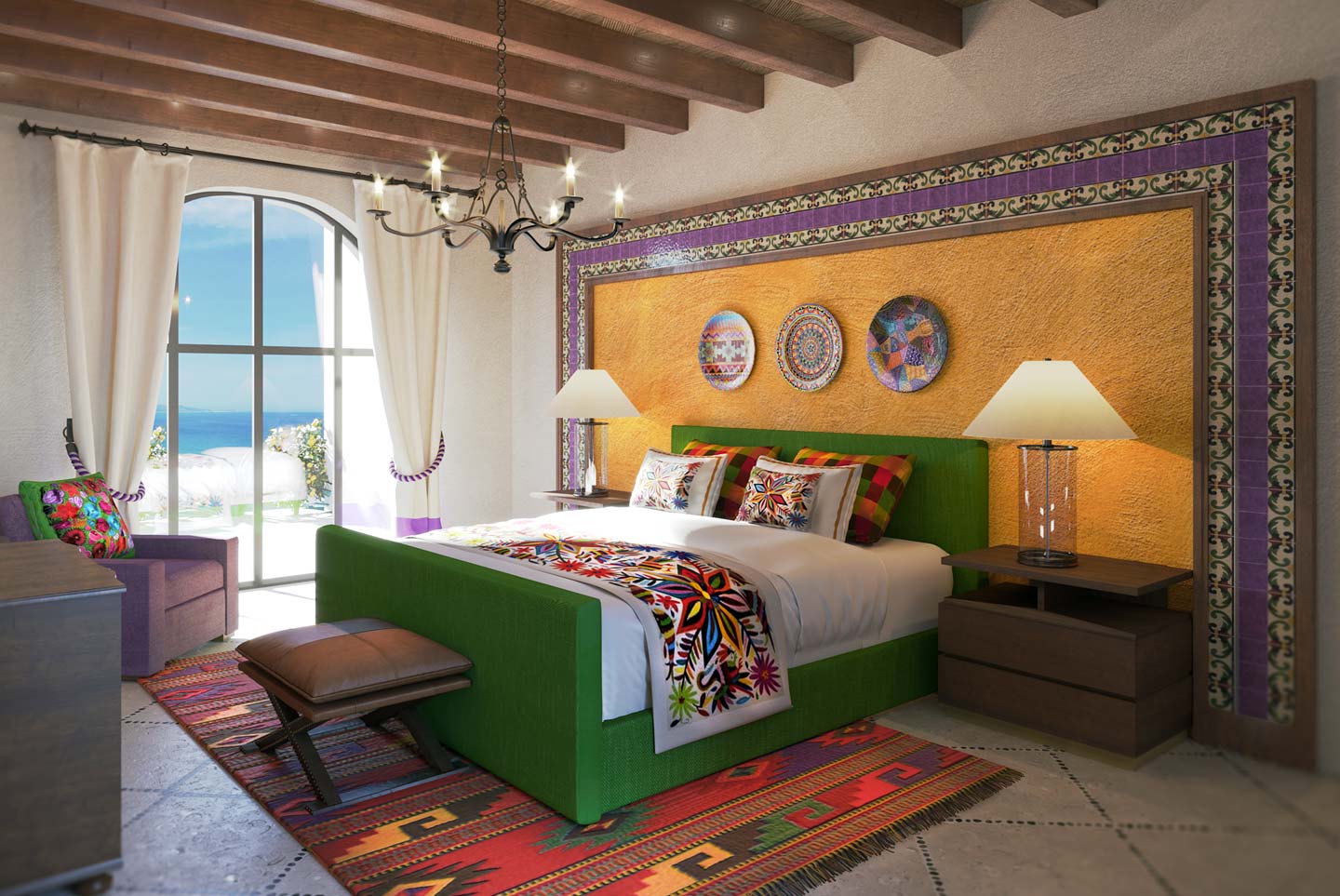 One of the bedrooms of La Datcha, with a green bedframe bed and beach views from the large windows.