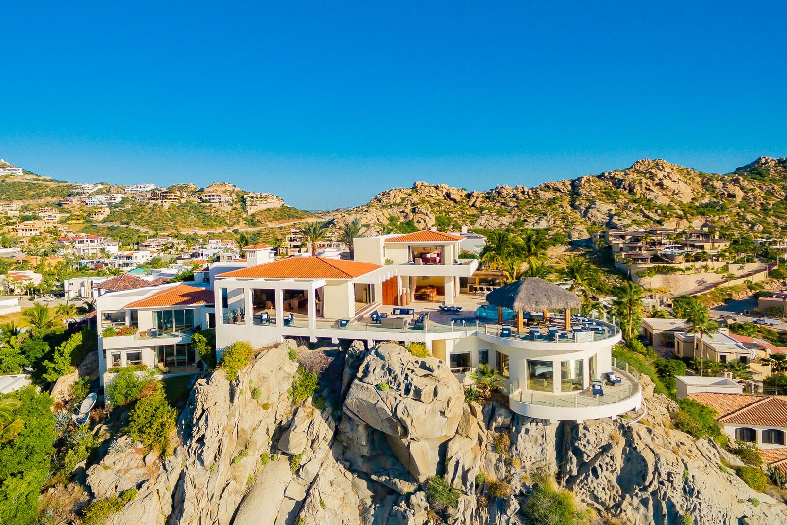 A front view of Villa Penasco, an oceanfront home in Los Cabos.
