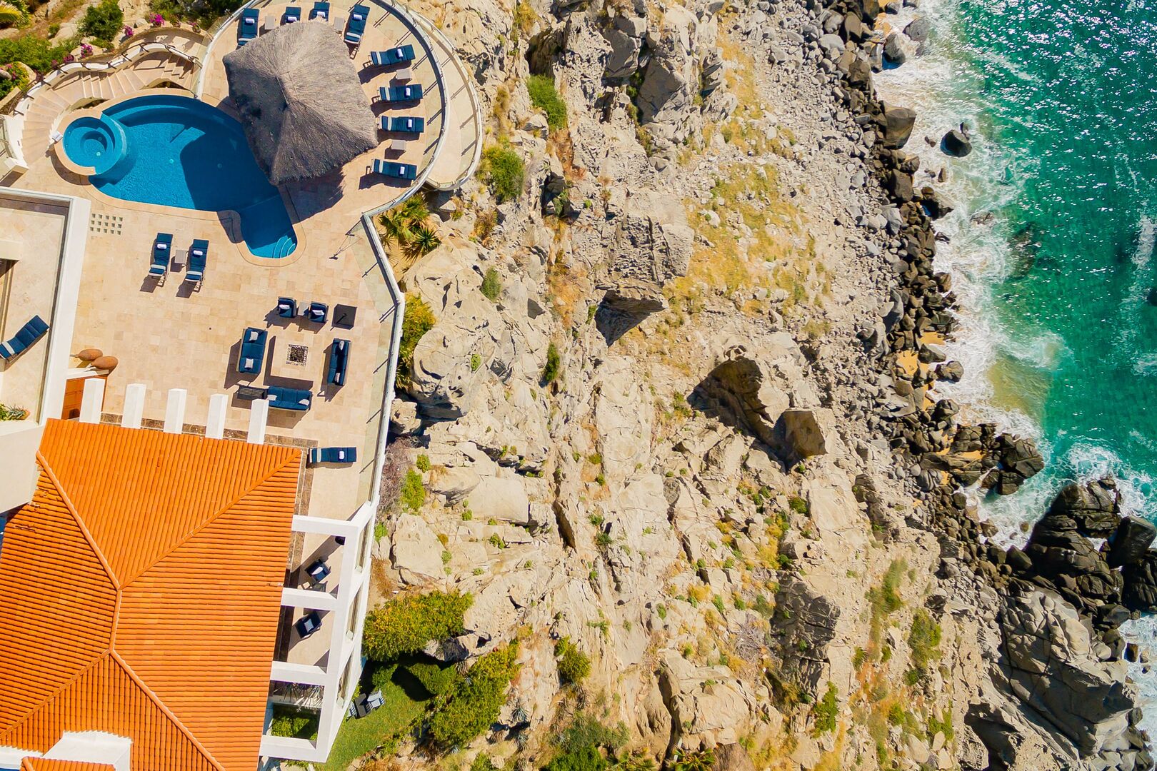 An aerial view of Villa Penasco, an oceanfront home in Los Cabos.