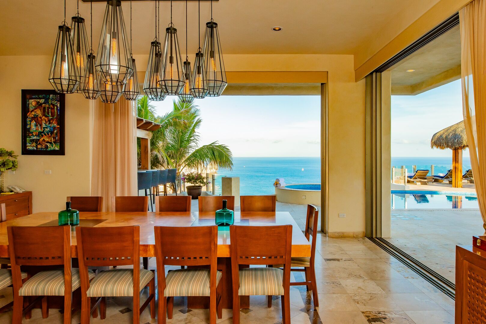 A view of the ocean from the dining room table in this Los Cabos villa.