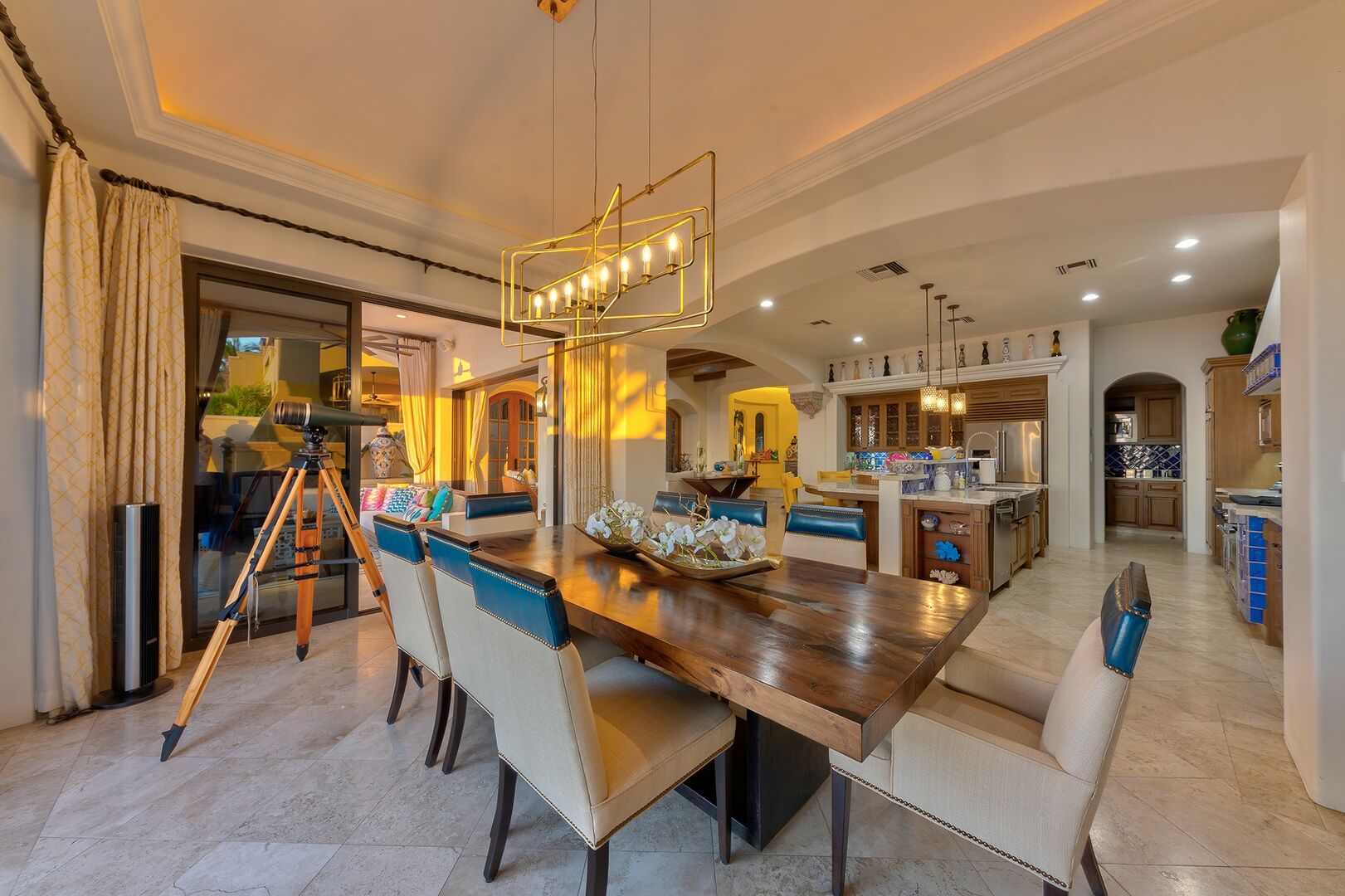 View of the kitchen from the dining table in this Los Cabos villa.