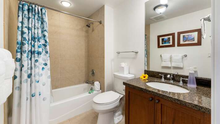Secondary bathroom with shower, sink, and toilet.