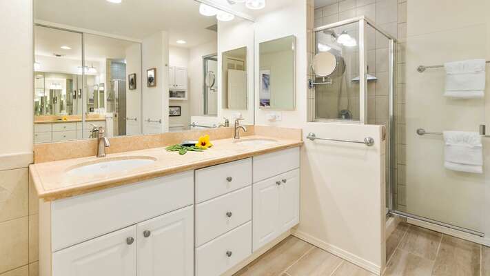 Spacious primary bathroom with double sinks, walk in shower, separate bathtub