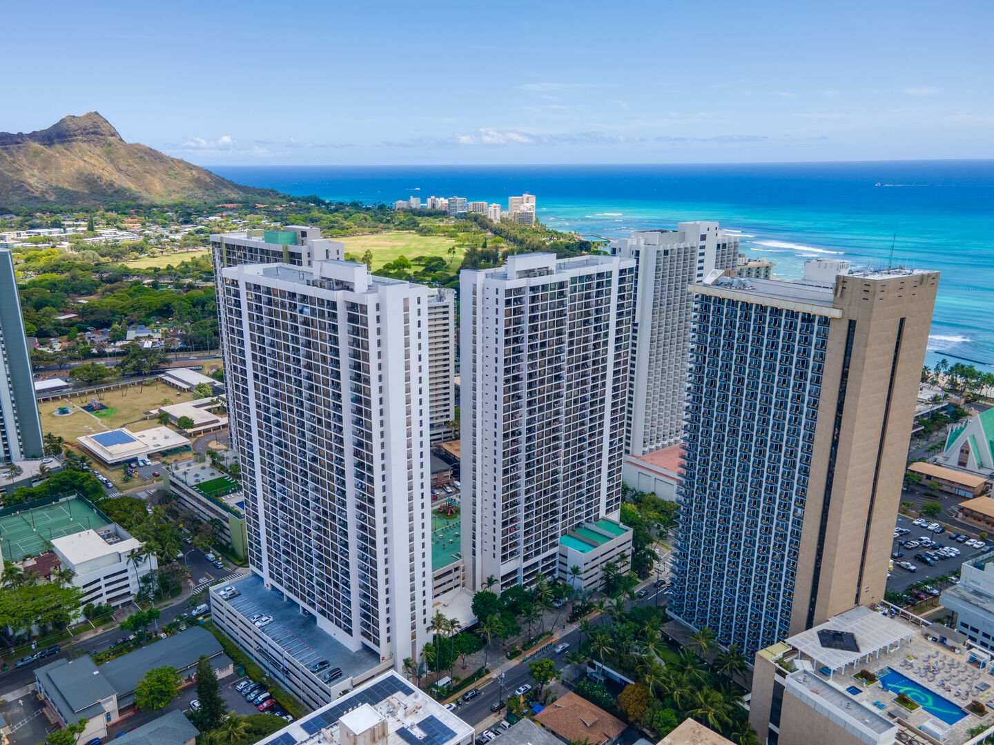 Drone view of the Waikiki Banyan towers