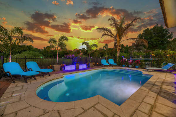 Enjoy gorgeous sunset views from the private pool deck