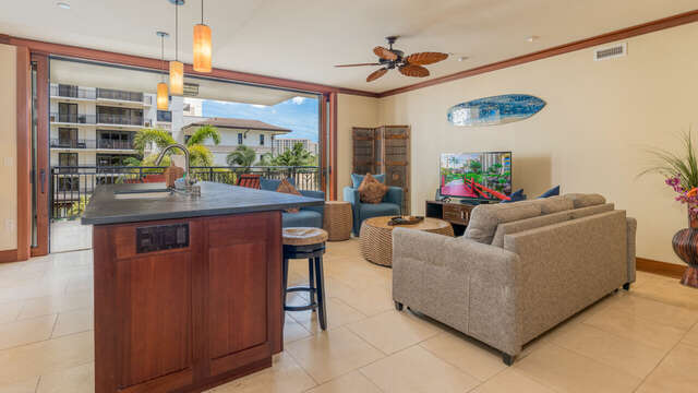 Kitchen with spacious living area and open floor plan to the lanai