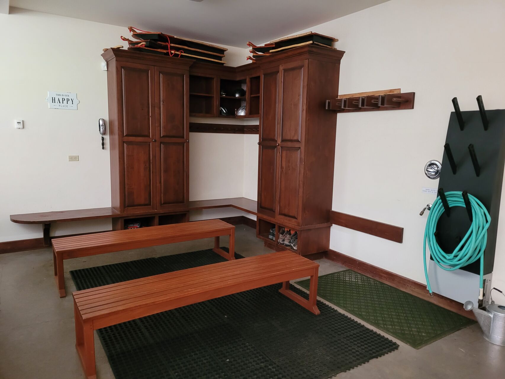 Room with two wood benches