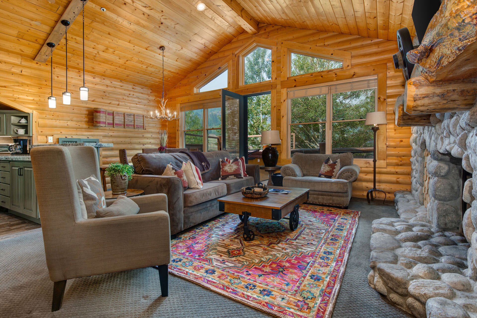 Living Room with Vaulted Wood Ceiling