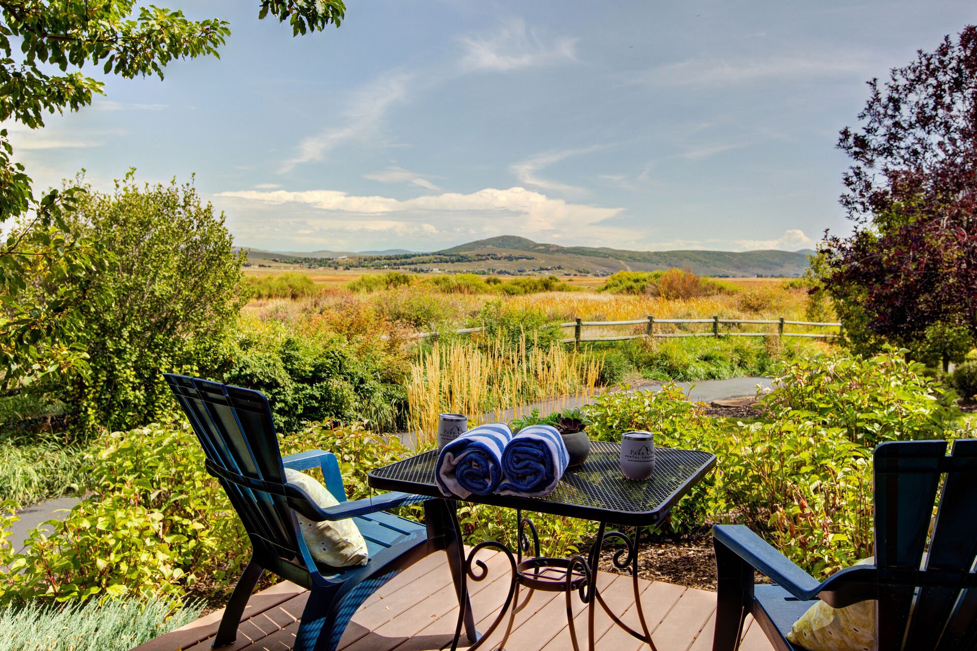 Main Level private patio with hot tub, table and chairs for two, and spectacular surrounding views of the nature preserve and biking/hiking trails