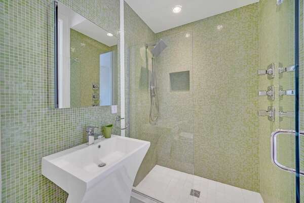 The en suite bathroom features a walk-in shower