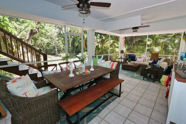 Downstairs Lanai has dining and relaxing areas