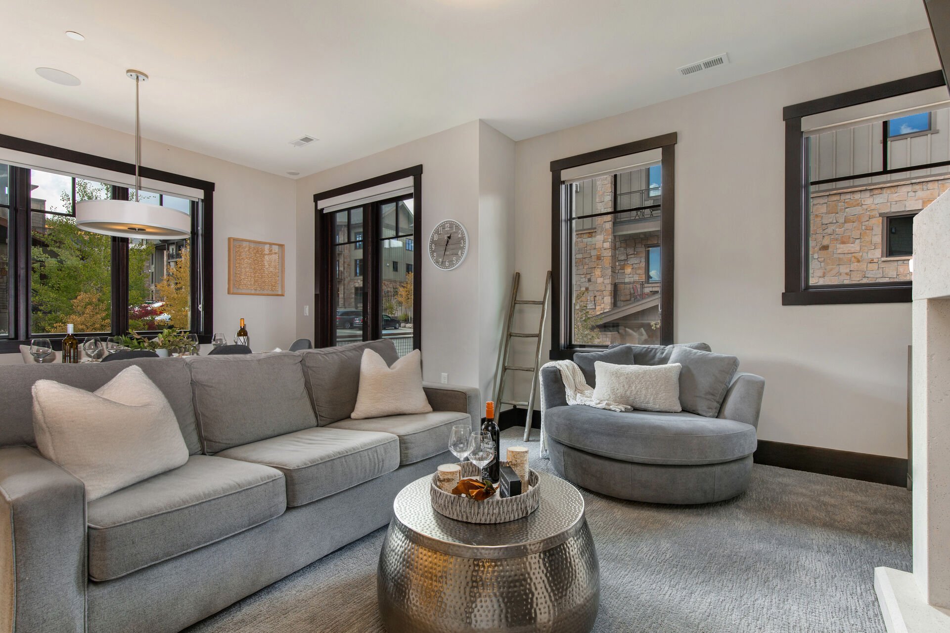 Living Room with plush contemporary furnishings including sofa bed, 55