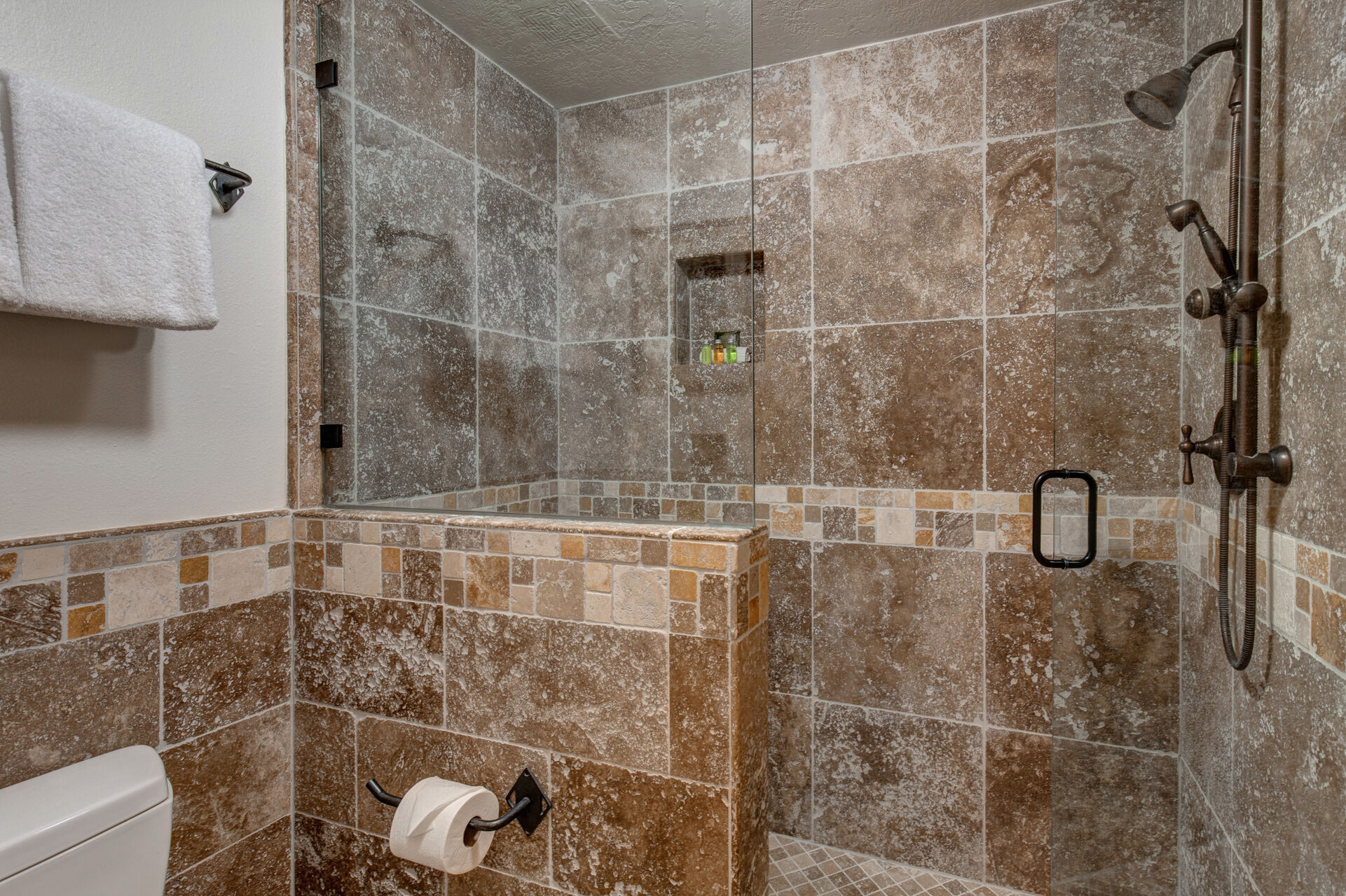Tile and Glass Shower with Two Shower Heads