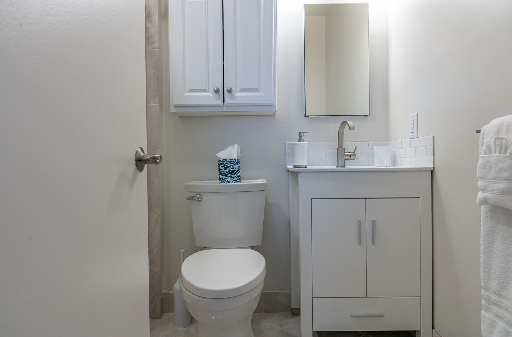 The master bathroom, much like the rest of the condo, is small but has all the same amenities as larger bathrooms