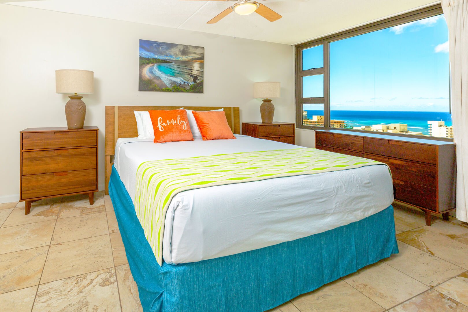 Bedroom with a king size bed and beautiful ocean views