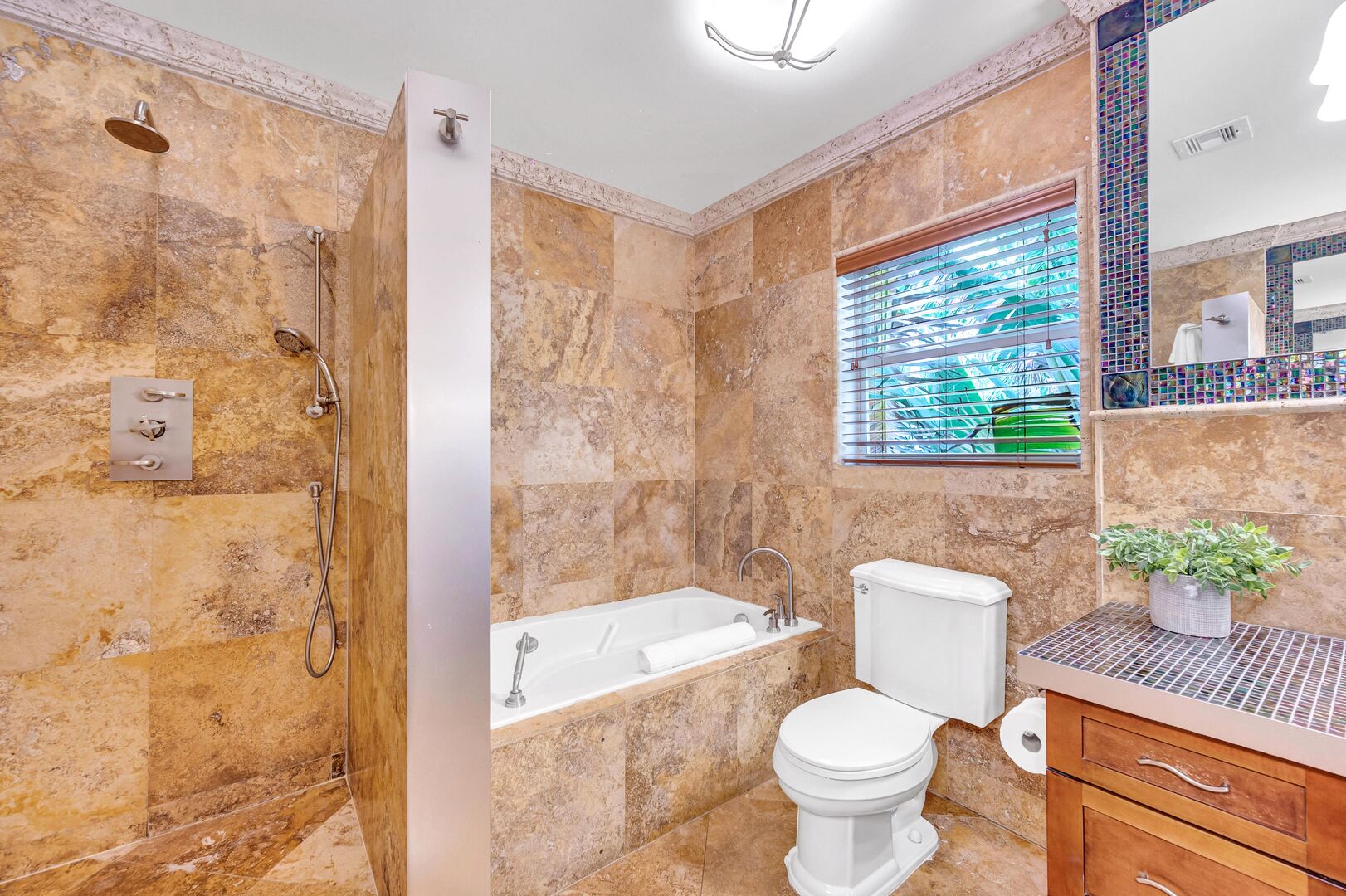 The master bedroom's bathroom features a walk-in shower and a tub.