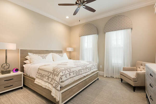 Enjoy this minimalist and spacious king bedroom