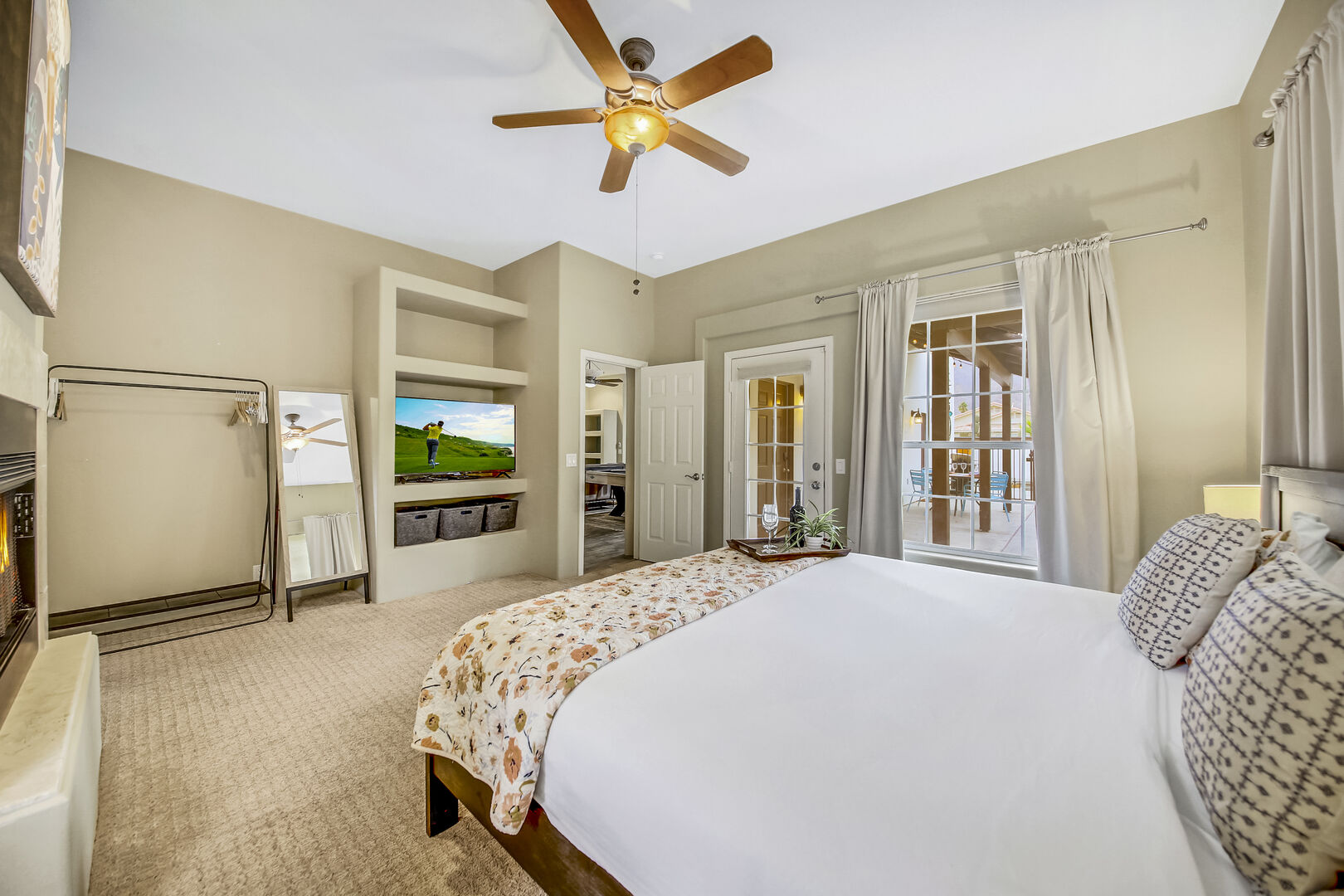 Master Suite 1 salso includes a witch-controlled ceiling fan, and walk-in closet and a natural gas fireplace.