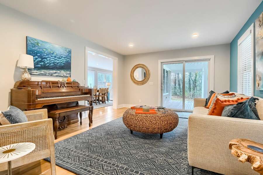 Living room with slider to porch 129 Hardings Beach Rd Chatham-Cape Cod-New England Vacation Rentals