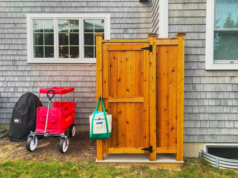Out door shower and beach buggy at 129 Hardings Beach Rd Chatham-Cape Cod-New England Vacation Rentals