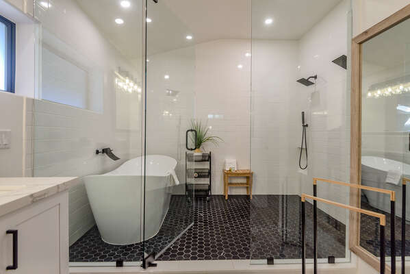 Tile/Glass Shower with Two Shower Heads and a Soaking Tub