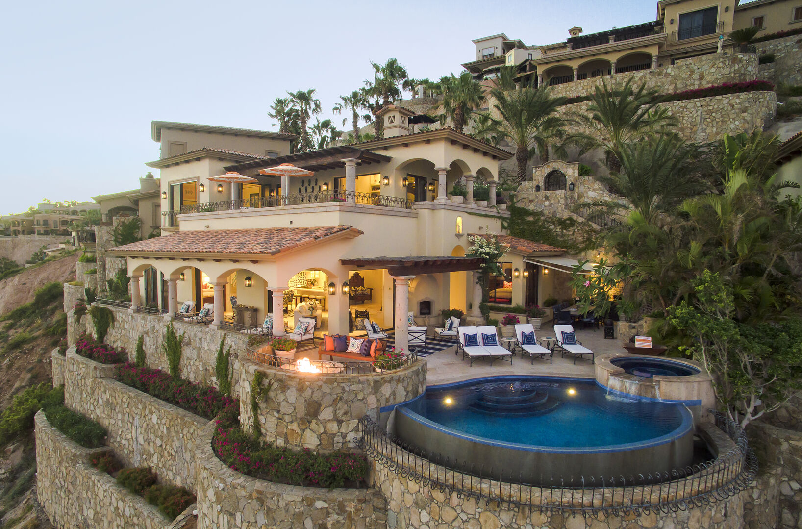 Aerial shot of this villa in Los Cabos, showcasing home and pool
