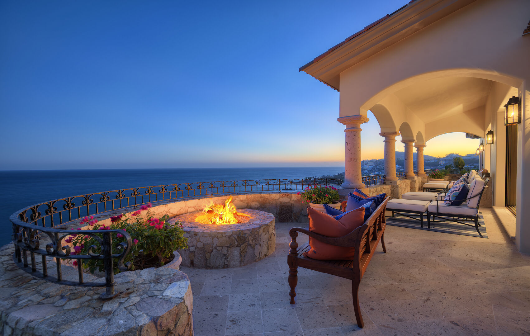 Firepit outside this villa in Los Cabos at sunset