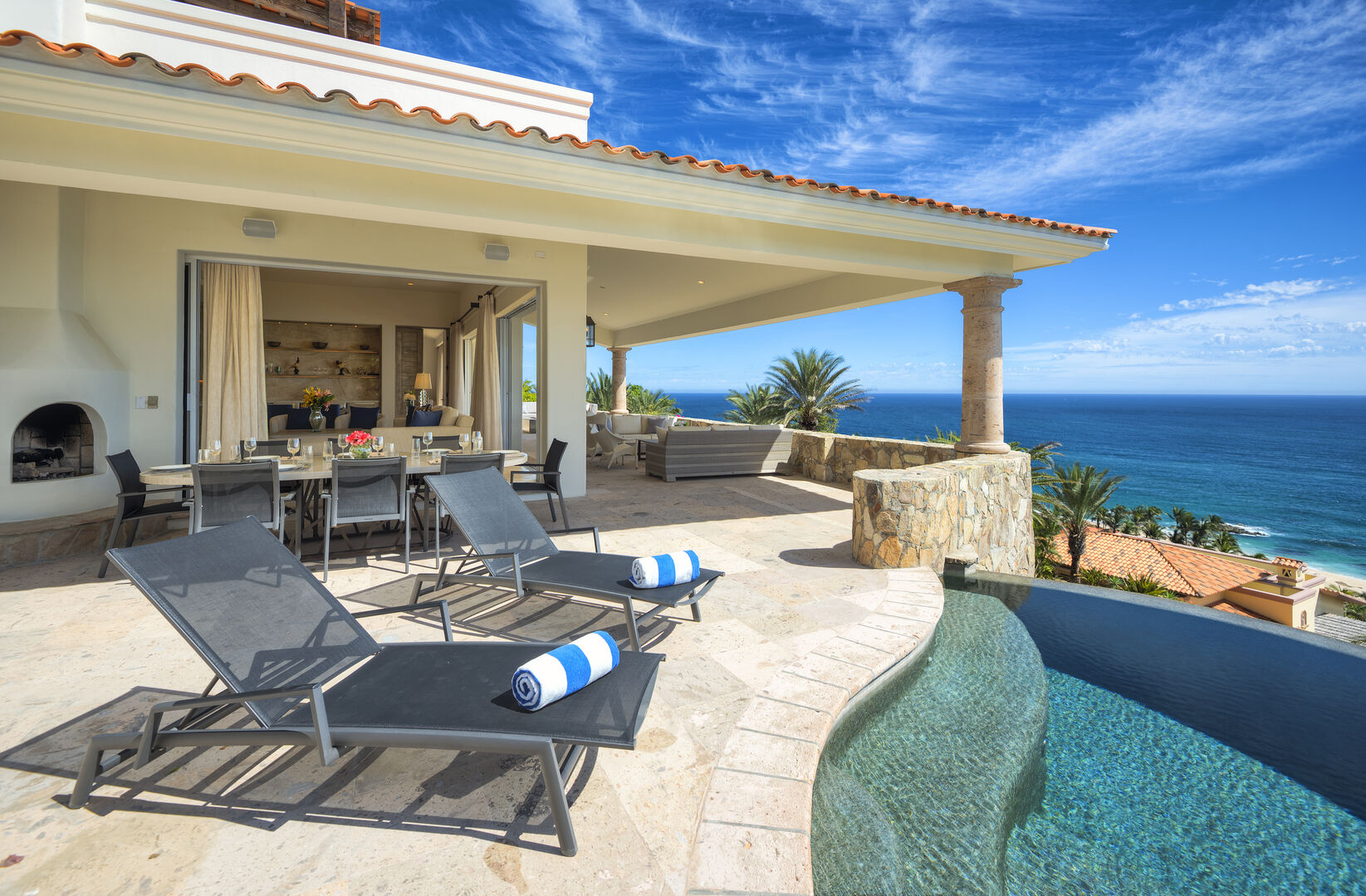 Pool with ocean views outside of this villa located in Los Cabos