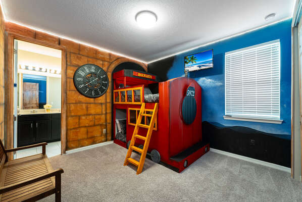 Upstairs Bedroom with fun train twin bunk beds