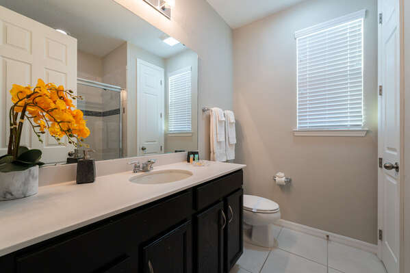 Master suite bath with single sink vanity and shower