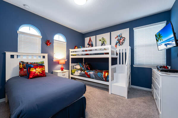 Upstairs Bedroom themed for fun with twin over twin bunk bed and twin bed, sleeps 3