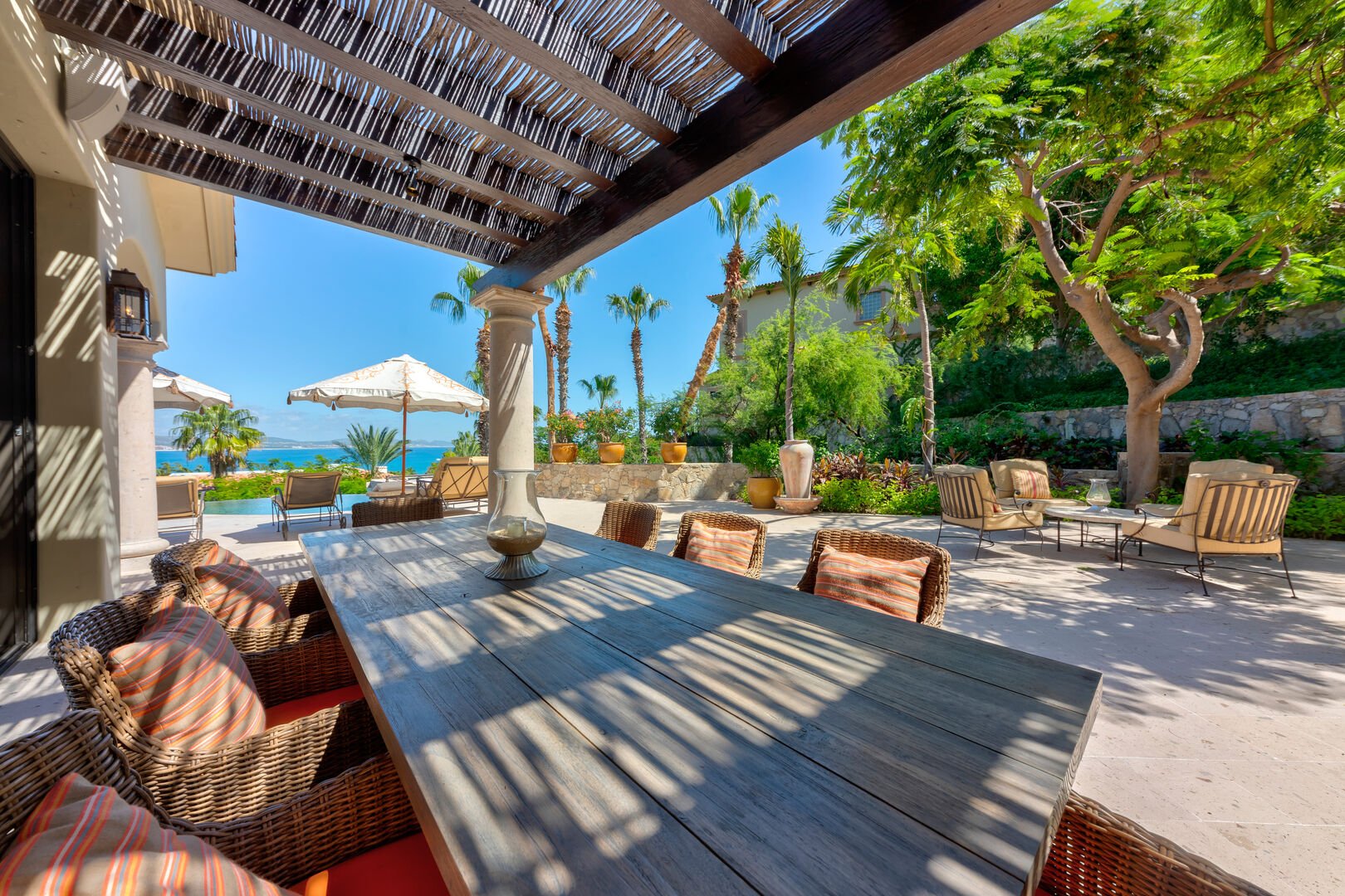 Outdoor seating beneath a pagoda outside of this Los Cabos getaway
