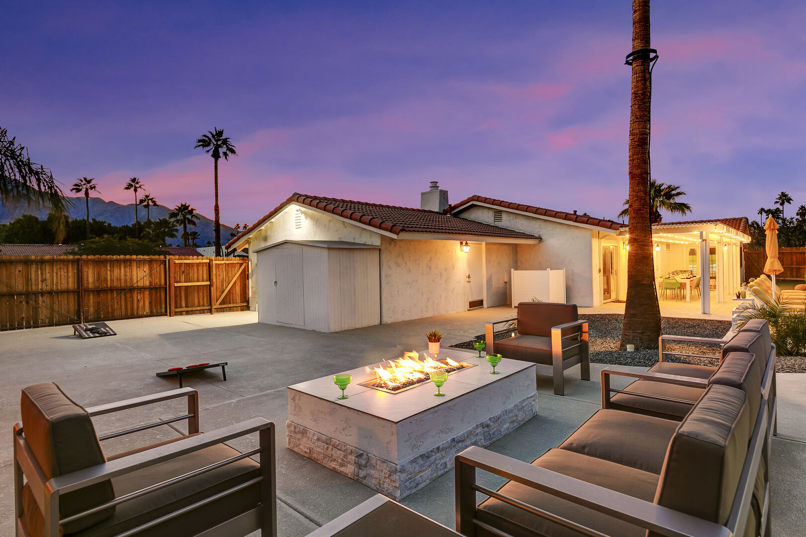 The elevated gas fire pit means no propane tanks running out during your stay.