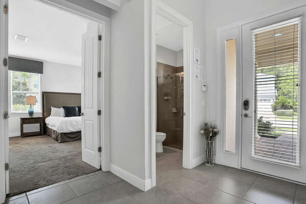 This full bathroom with shower has convenient access for the bedroom across the hall