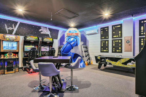 The game room provides plenty of excitement for all with dual Fast and the Furious racers, air hockey, a multi-game arcade, Big Buck Hunter, Xbox, and a tube slide