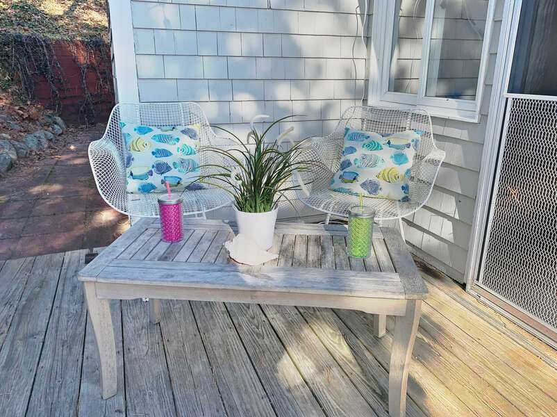 Perfect sitting area off of sunroom for morning coffee - 24 Follins Pond South Dennis - Cottage on the Cove