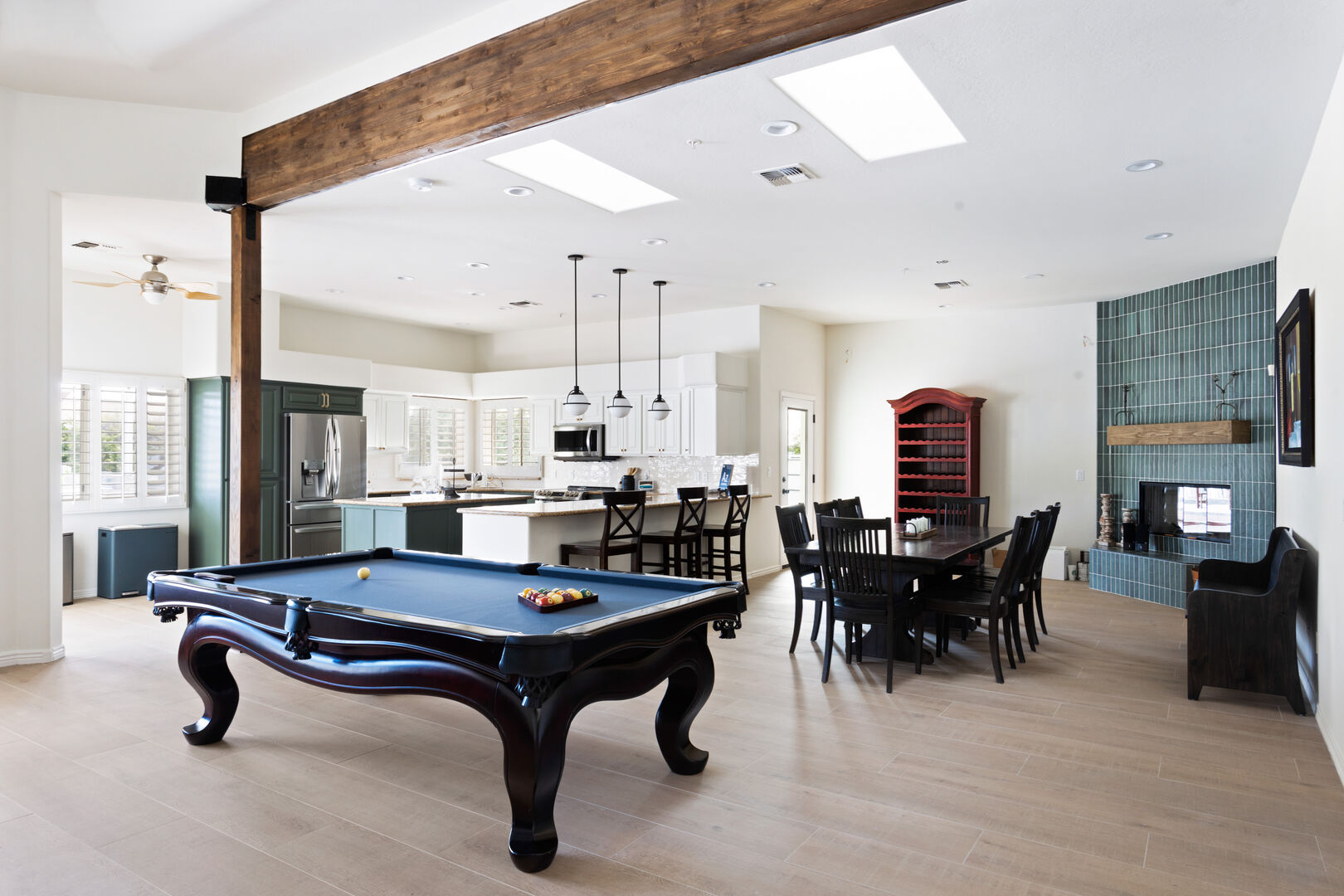 Pool Table, Dining Area & Kitchen Off of Living Area