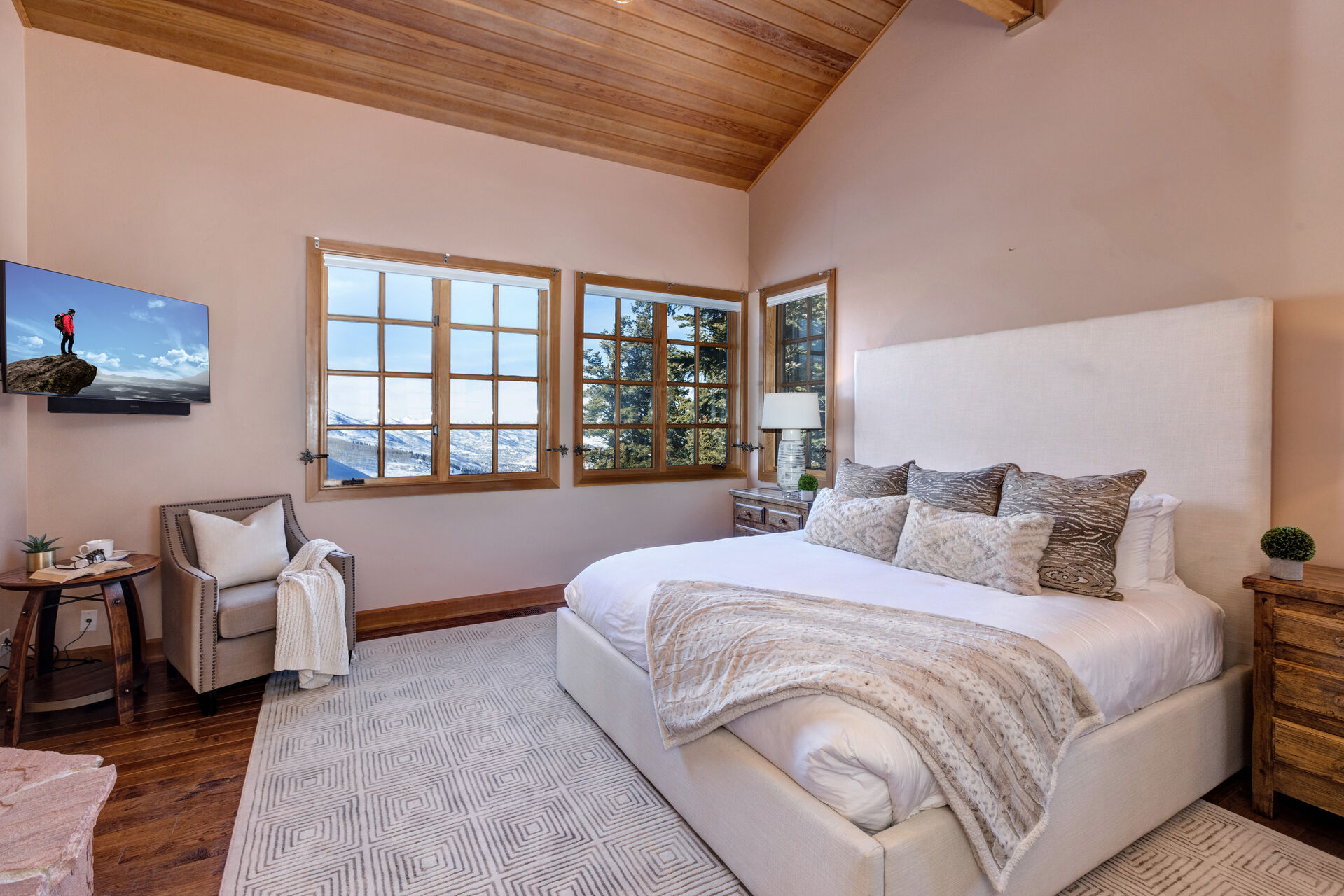 Master Bedroom with a Smart TV, Cable, and Mountain Views
