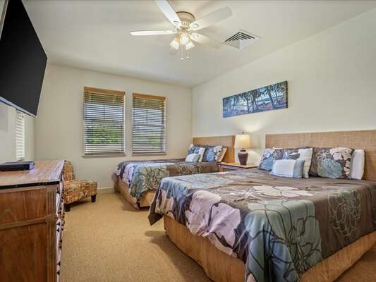 2nd bedroom has 2 Queen Beds, a flat panel TV, Ceiling Fan