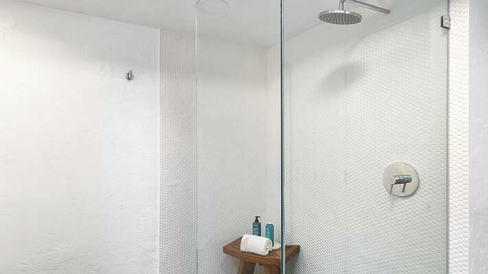Glass enclosure and artisan-tiled shower with luxury fixtures