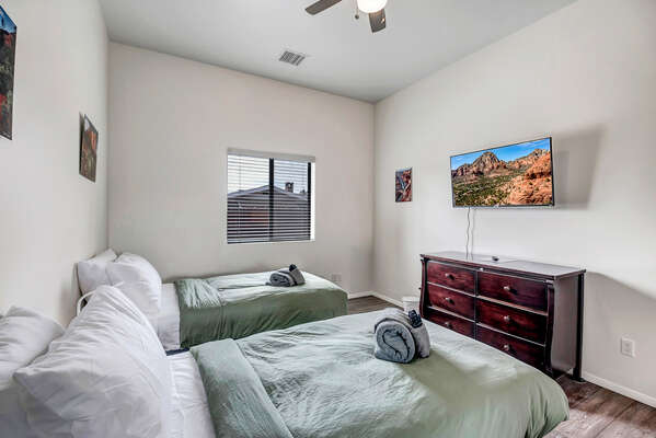 Bedroom 2 with Two Twin Beds and Roku TV