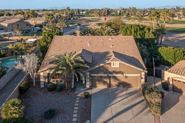 An arial view of the front of our 4 BR, 3 BA, one story home.