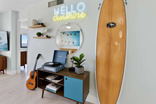Surf board and record player available for your use!